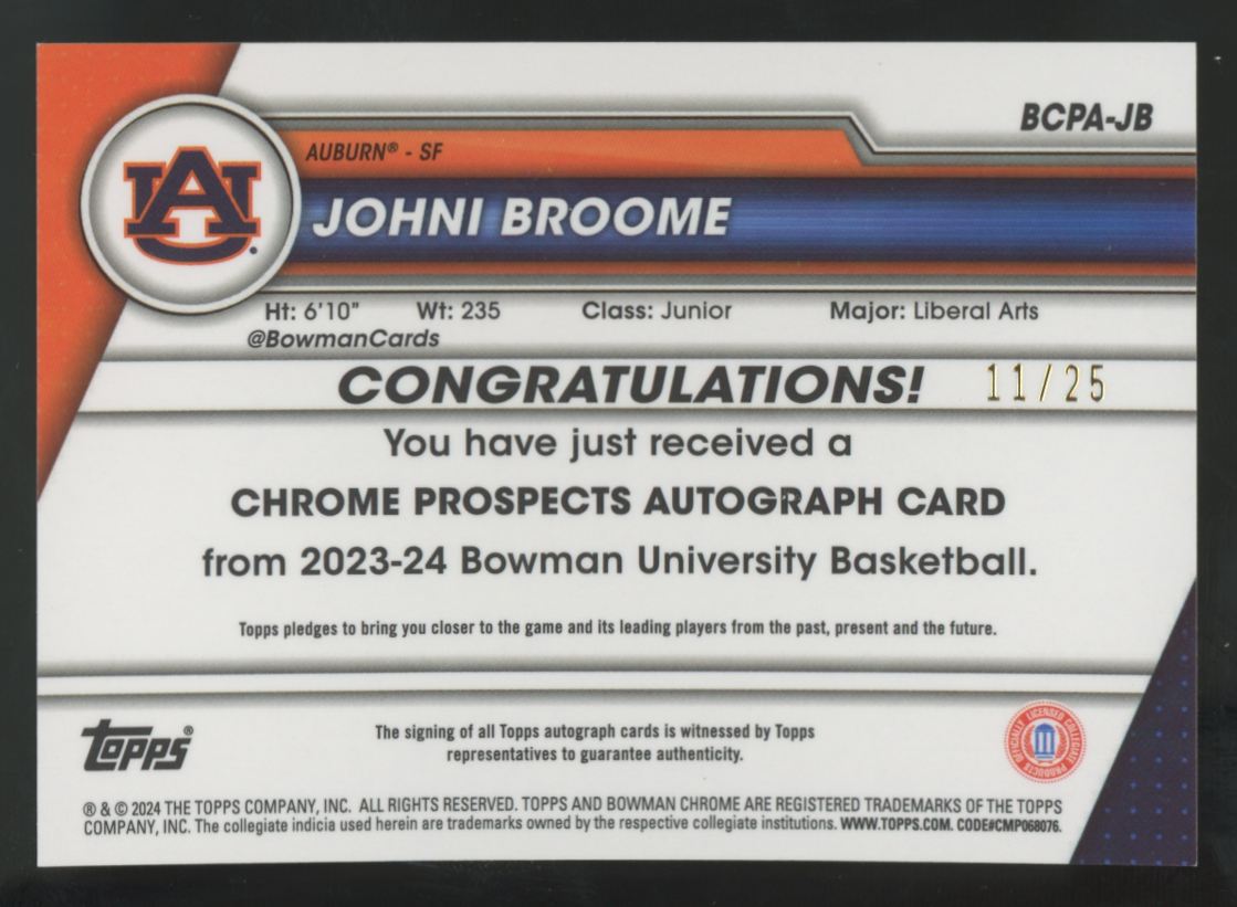 2023-24 Bowman Chrome U Johni Broome 1st Prospect Orange Shimmer Auto /25