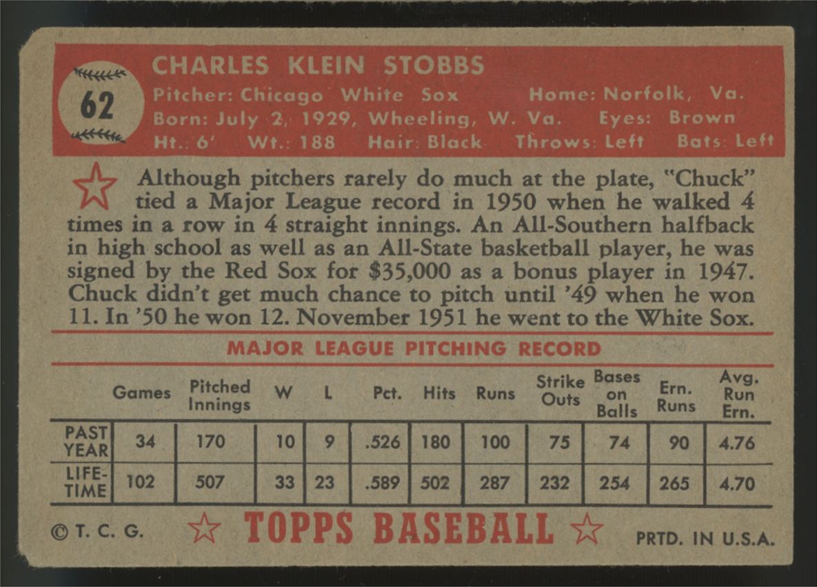 1952 Topps Chuck Stobbs RC #62 Poor