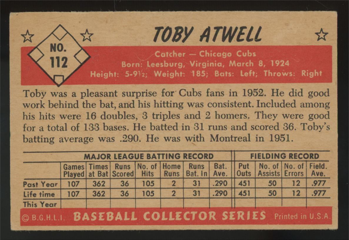 1953 Bowman Color Toby Atwell #112 VG/EX