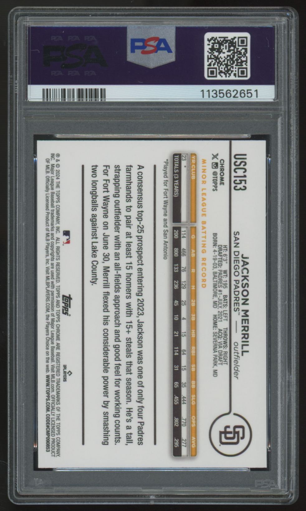 2024 Topps Chrome Update Jackson Merrill RC SP #USC153 PSA 10