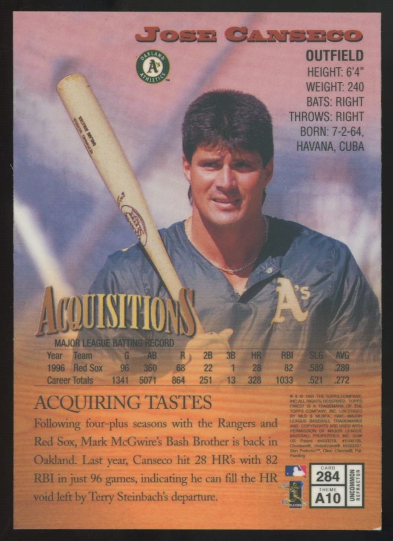 1997 Topps Finest Jose Canseco Acquisitions With Coating #284