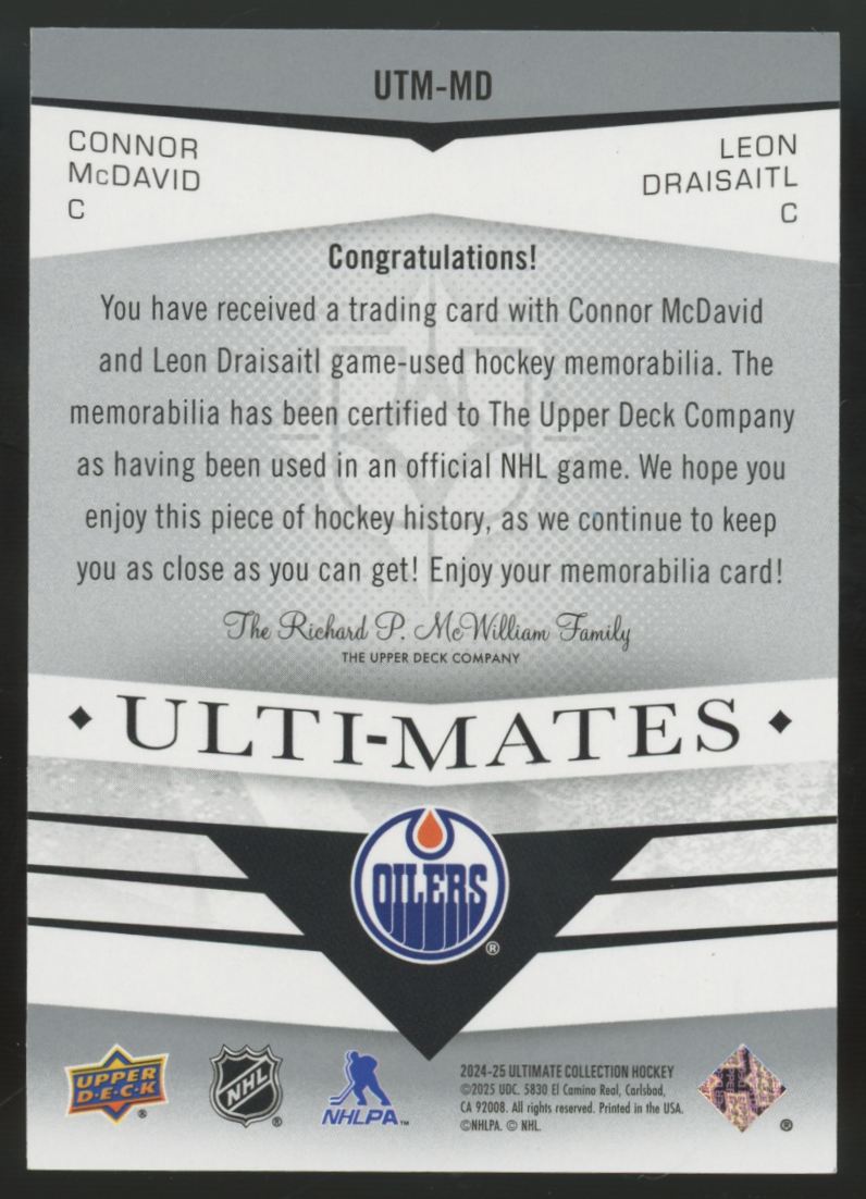 2024-25 UD Ultimate Connor McDavid, Leon Draisaitl Ulti-Mates Dual Patch #UTM-MD
