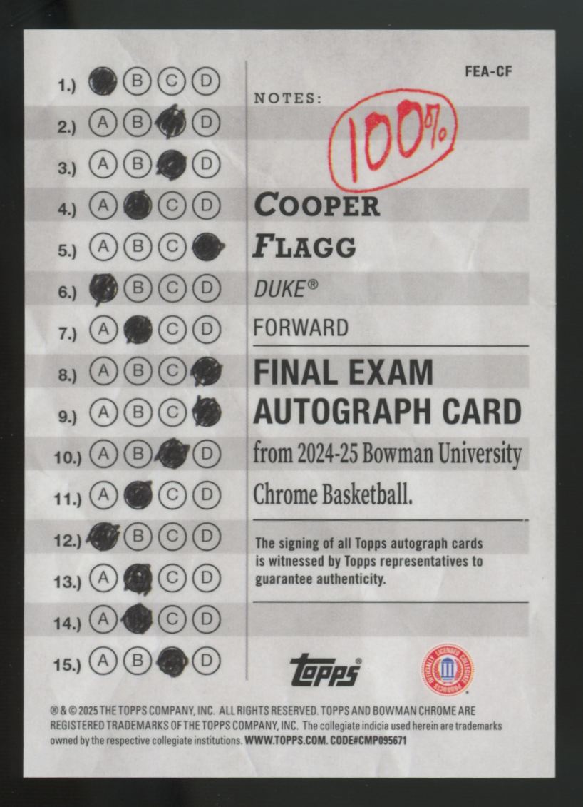 2024-25 Bowman Chrome U Cooper Flagg Final Exam Auto #FEA-CF