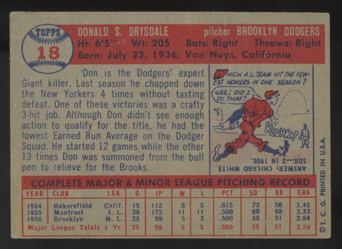 1957 Topps Don Drysdale RC #18 (MK) VG