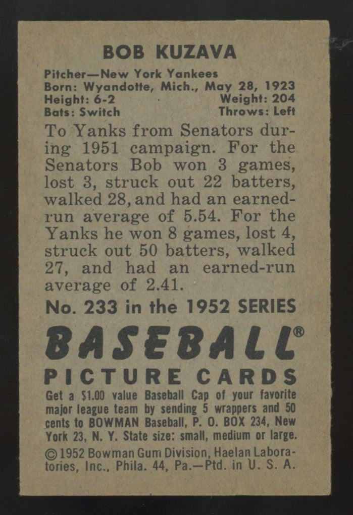 1952 Bowman Bob Kuzava #233 EX/MT