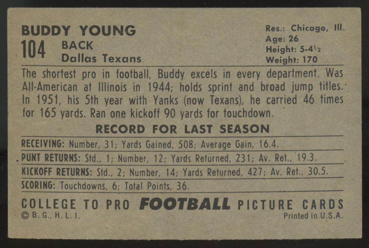 1952 Bowman Large Buddy Young #104 VG (Crease)