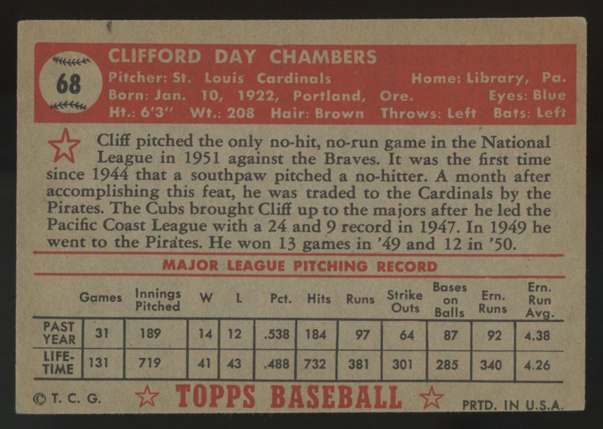 1952 Topps Cliff Chambers #68 VG/EX