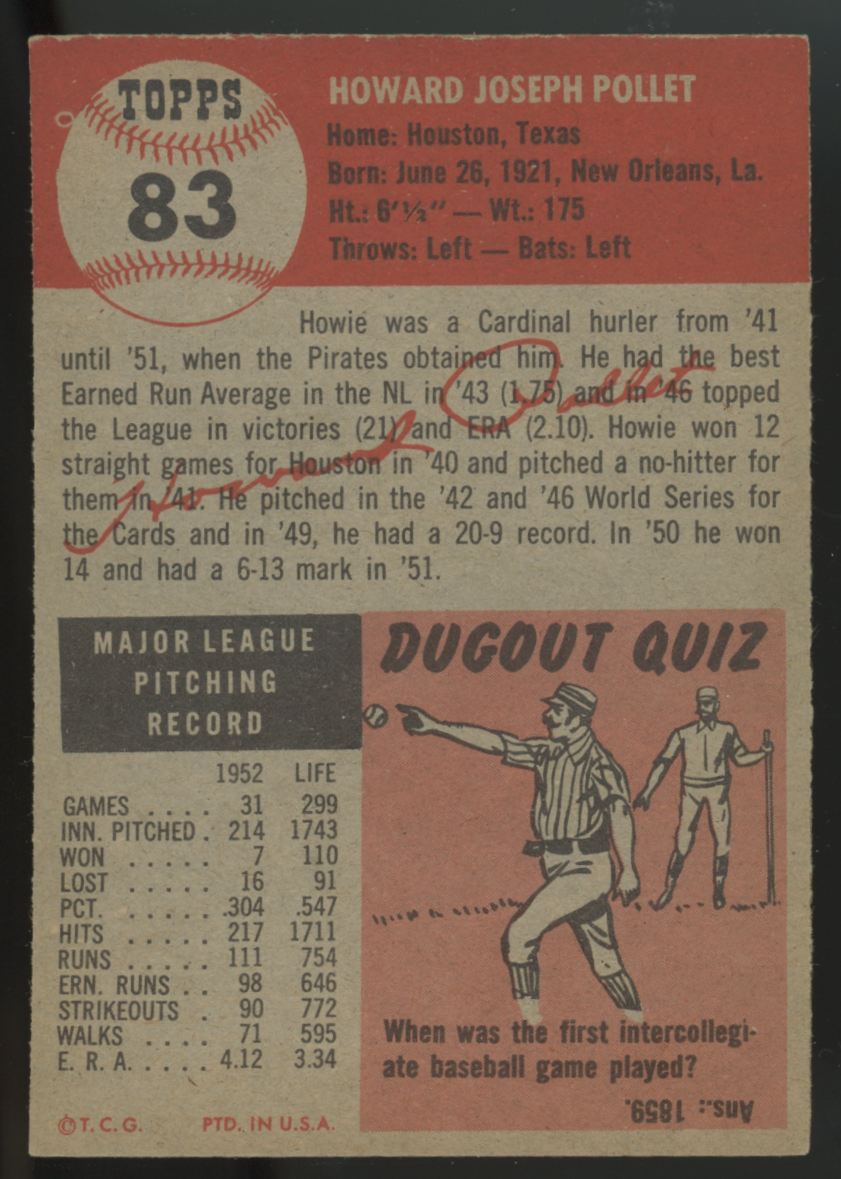 1953 Topps Howie Pollet #83 EX/MT "A"