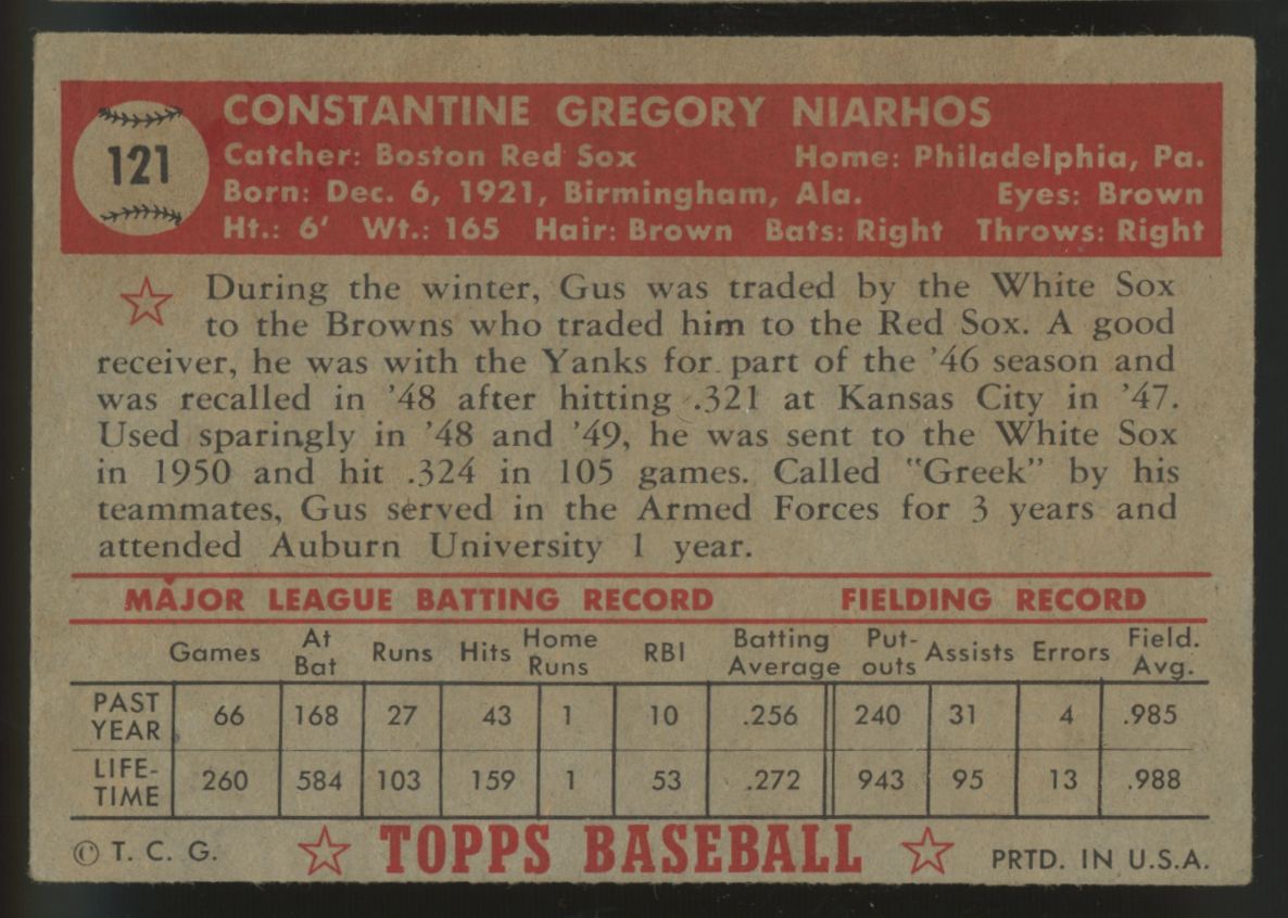 1952 Topps Gus Niarhos #121 VG/EX