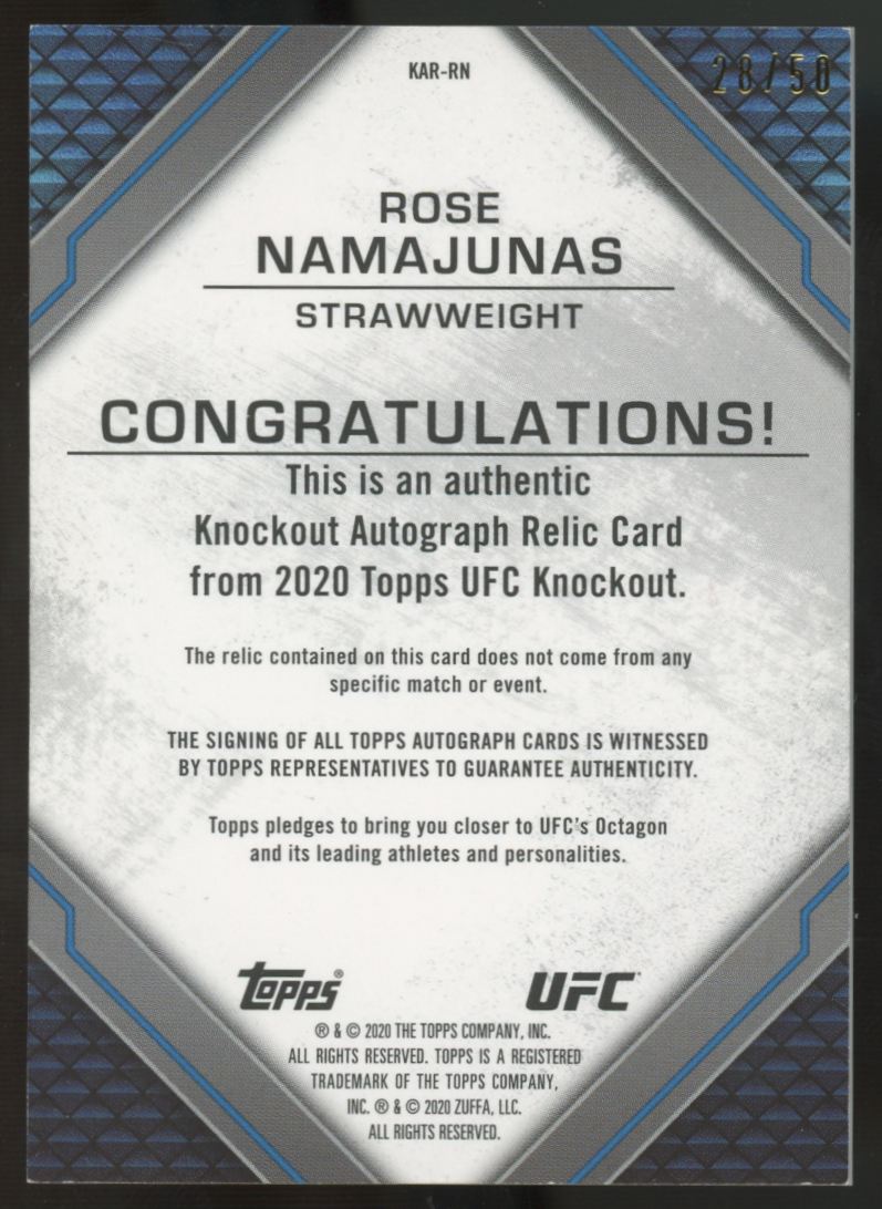2020 Topps UFC Knockout Rose Namajunas Knockout Auto Patch /50 #KAR-RN