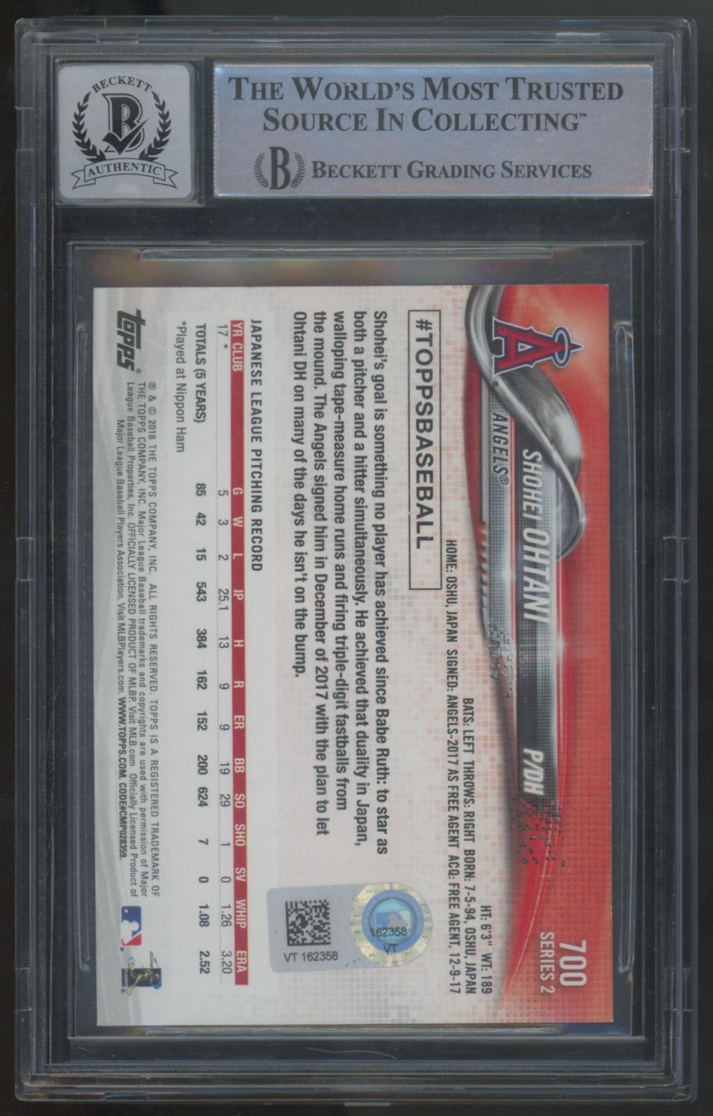 2018 Topps Series Two Shohei Ohtani RC Signed Auto #700 BGS Authentic 10