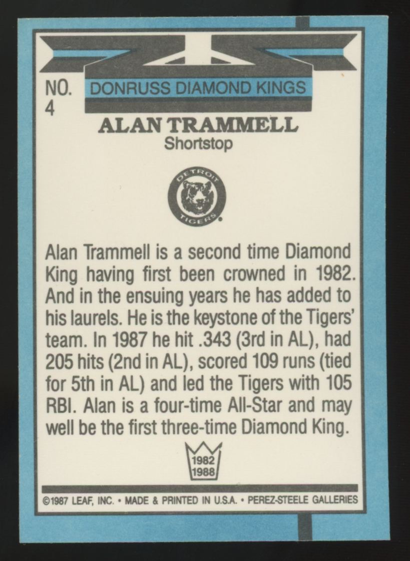 1988 Donruss Diamond Kings Alan Trammell Signed IP Auto #4