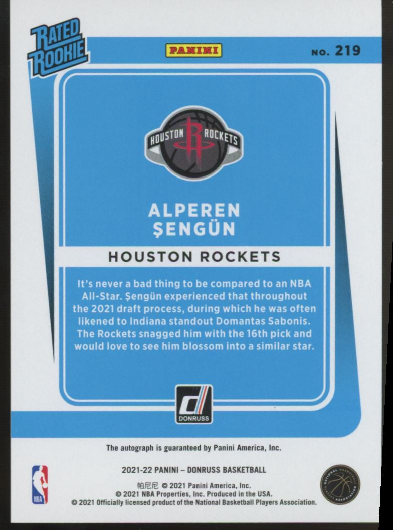 2021-22 Donruss Alperen Sengun Rated Rookie Red Yellow Auto #219