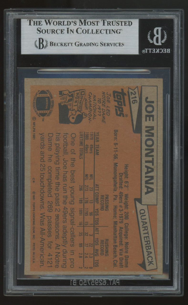 1981 Topps Joe Montana RC #216 BGS Authentic Sticker Auto