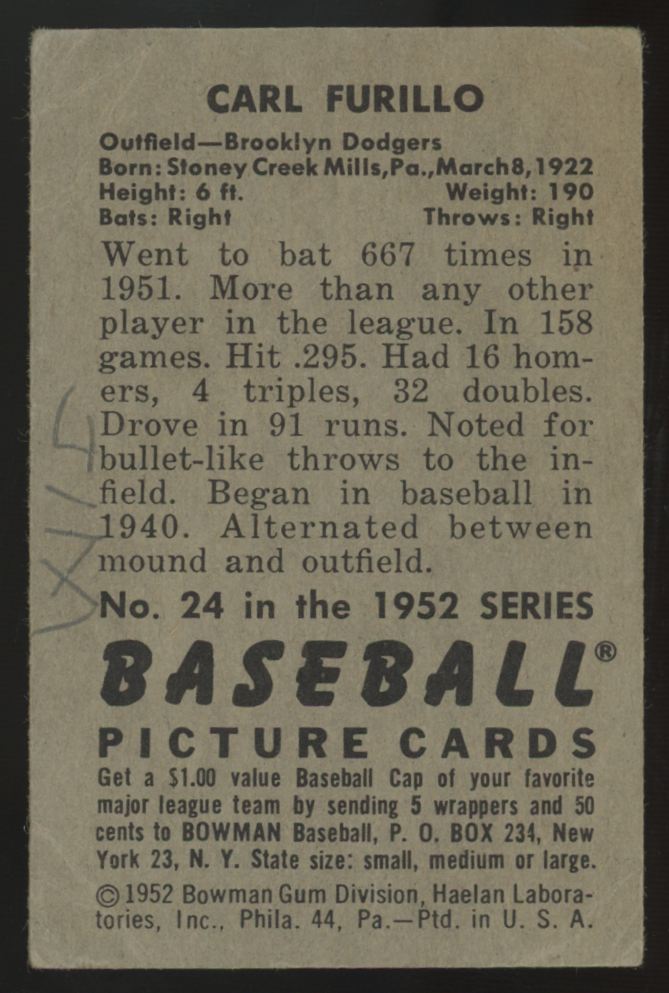 1952 Bowman Carl Furillo #24 Good (Writing On Back)