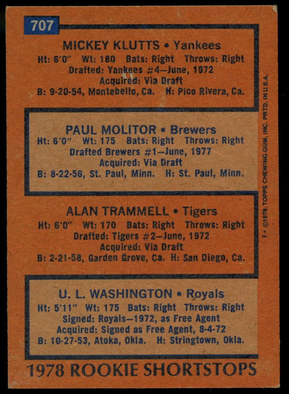1978 Topps Rookie Shortstops w/ Alan Trammell & Paul Molitor RC #707 VG-EX