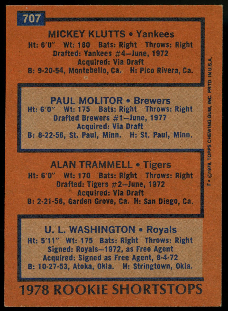 1978 Topps Rookie Shortstops w/ Alan Trammell & Paul Molitor RC #707 EX-MT READ