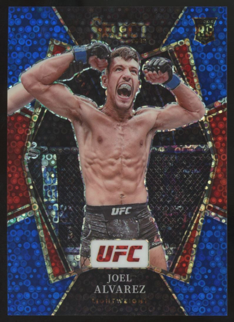 2022 Panini Select UFC Joel Alvarez RC Premier Level Blue Disco Prizm /49 #150