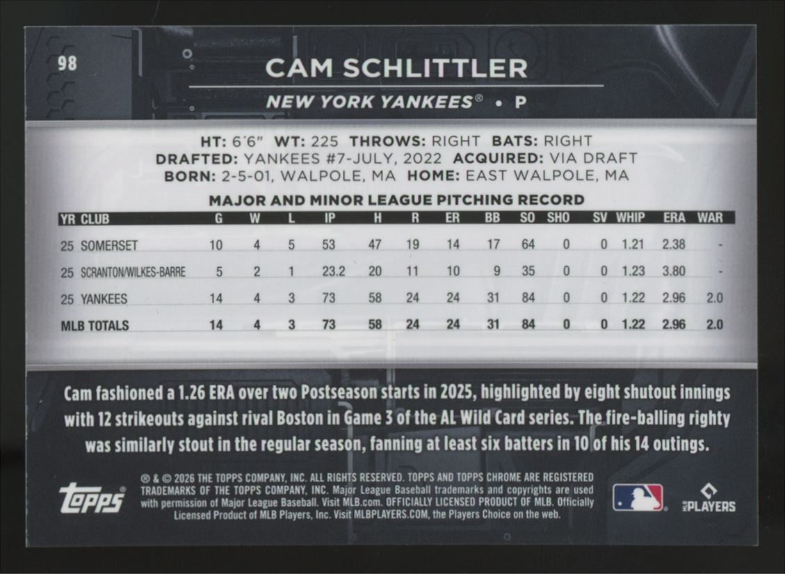 2026 Topps Chrome Black Cam Schlittler RC Rose Gold Mini-Diamond /10 #98