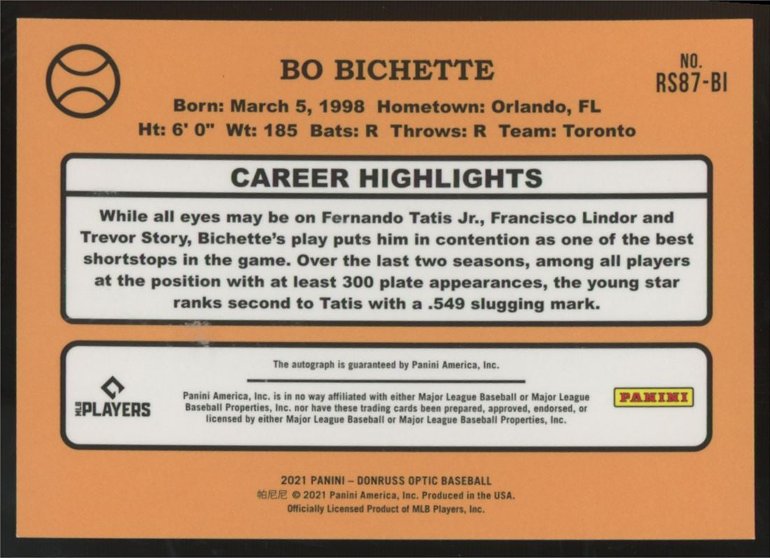 2021 Panini Donruss Optic Bo Bichette Retro 1987 Auto #RS87-BI