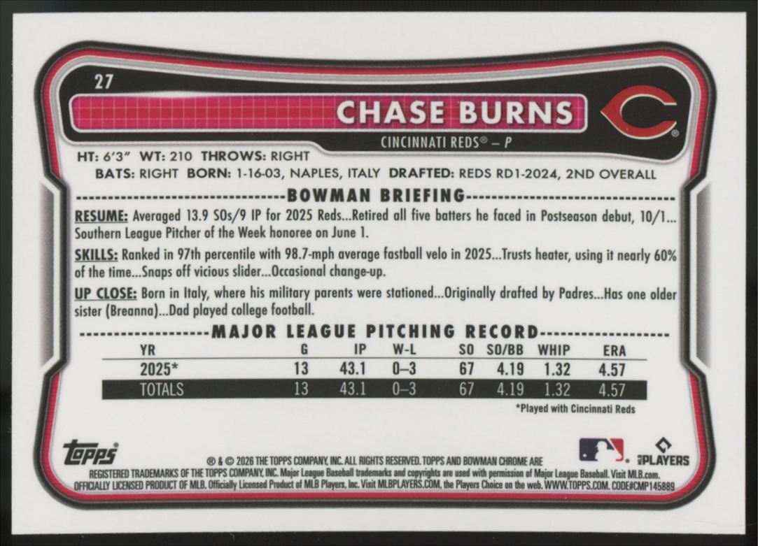 2026 Bowman Chrome Chase Burns RC Aqua Raywave Refactor /199 #27