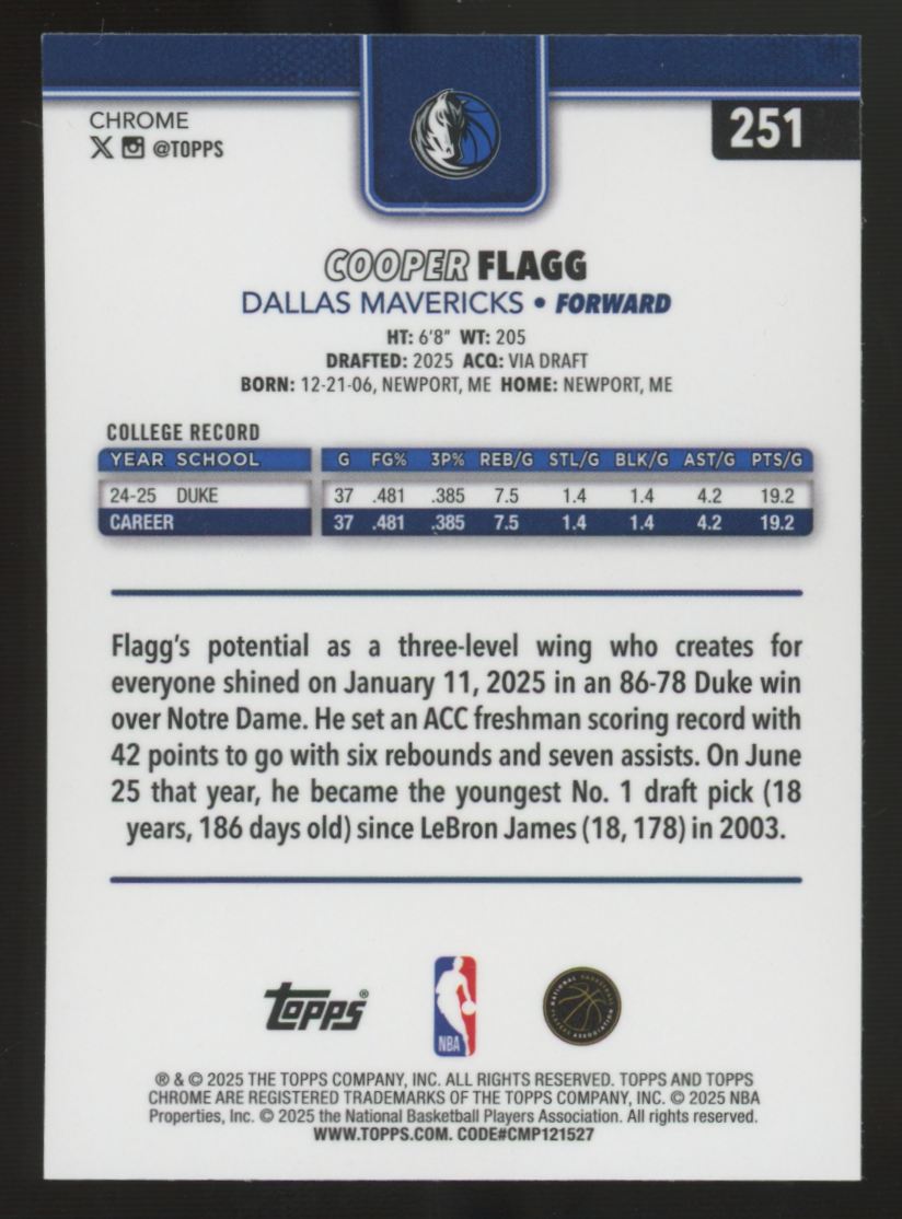 2025-26 Topps Chrome Cooper Flagg RC X-Fractor #251 "B"