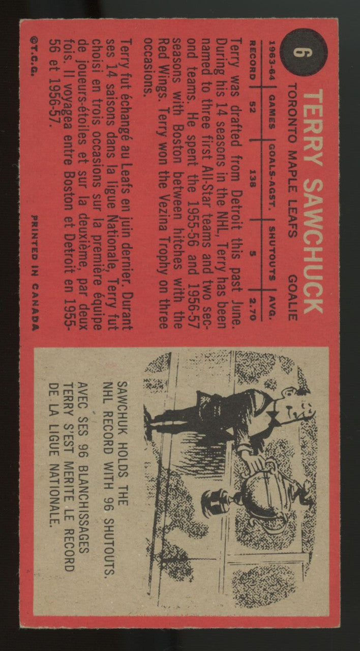 1964/65 Topps Hockey Terry Sawchuk Tall Boy #6 EX+