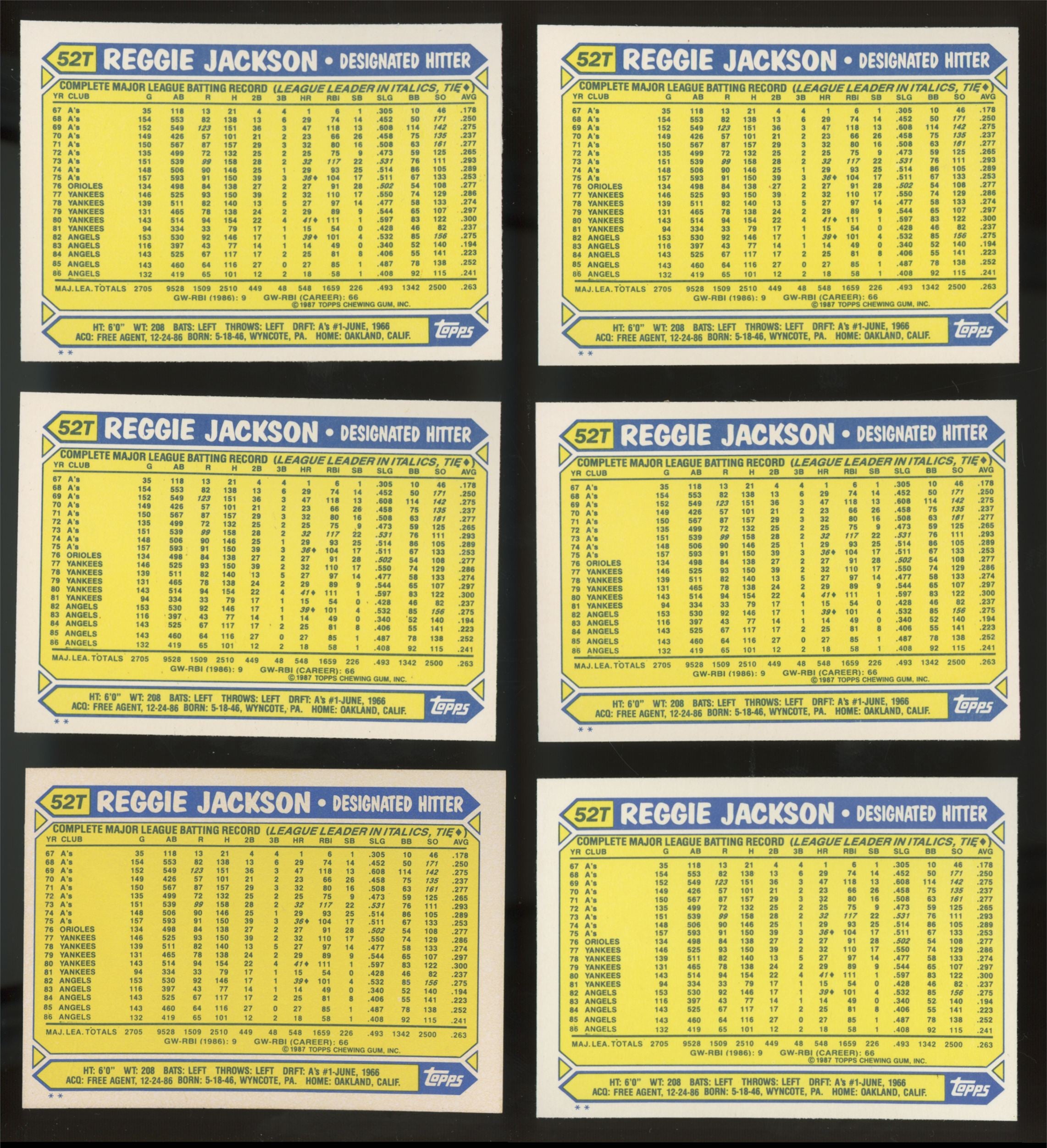 1987 Topps Traded Reggie Jackson #52T (Lot of 50)