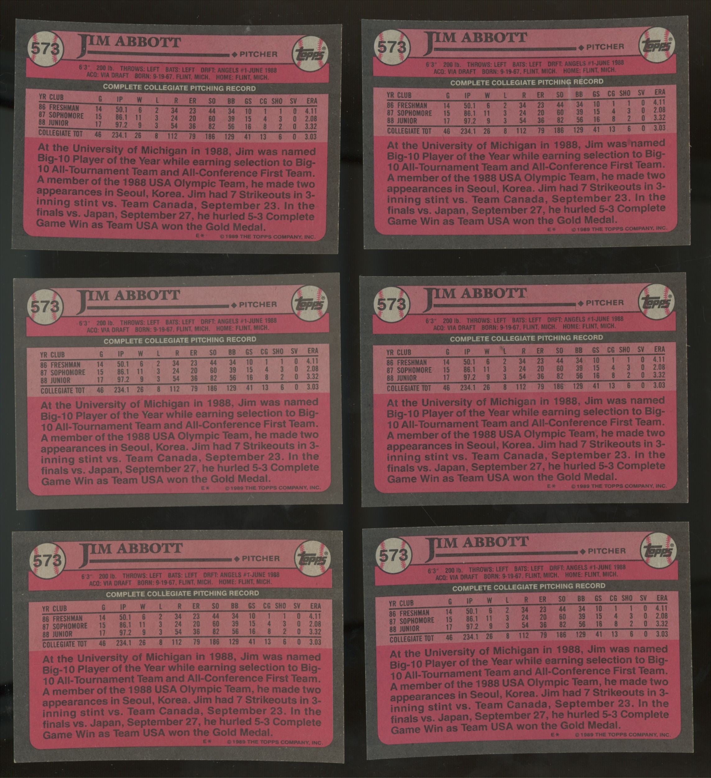1989 Topps Jim Abbott RC #1 Draft Pick #573 (Lot Of 50)