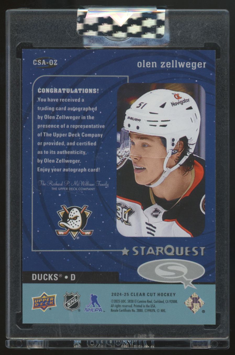 2024-25 Upper Deck Clear Cut Olen Zellweger RC StarQuest Auto #CSA-OZ