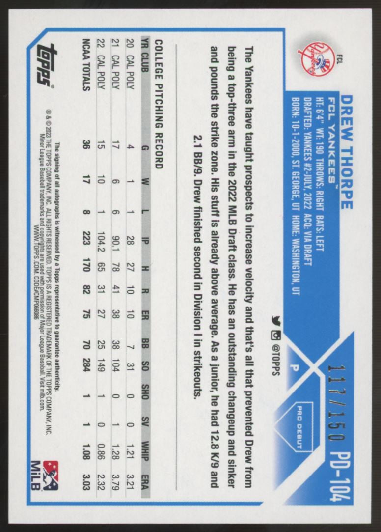 2023 Topps Pro Debut Drew Thorpe Auto Blue /150 #PD-104
