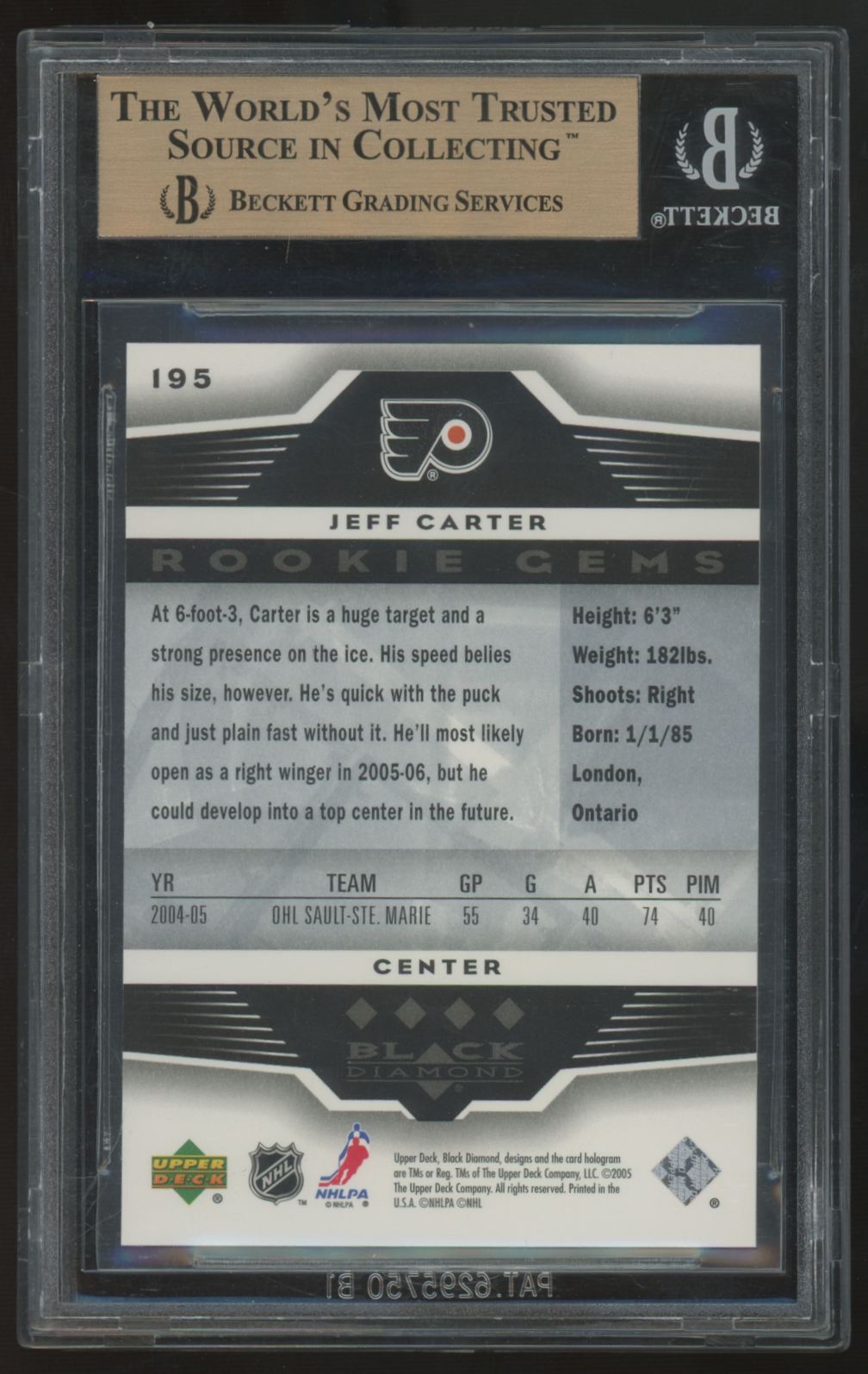 2005-06 UD Black Diamond Jeff Carter RC Rookie Gems #195 BGS 9.5