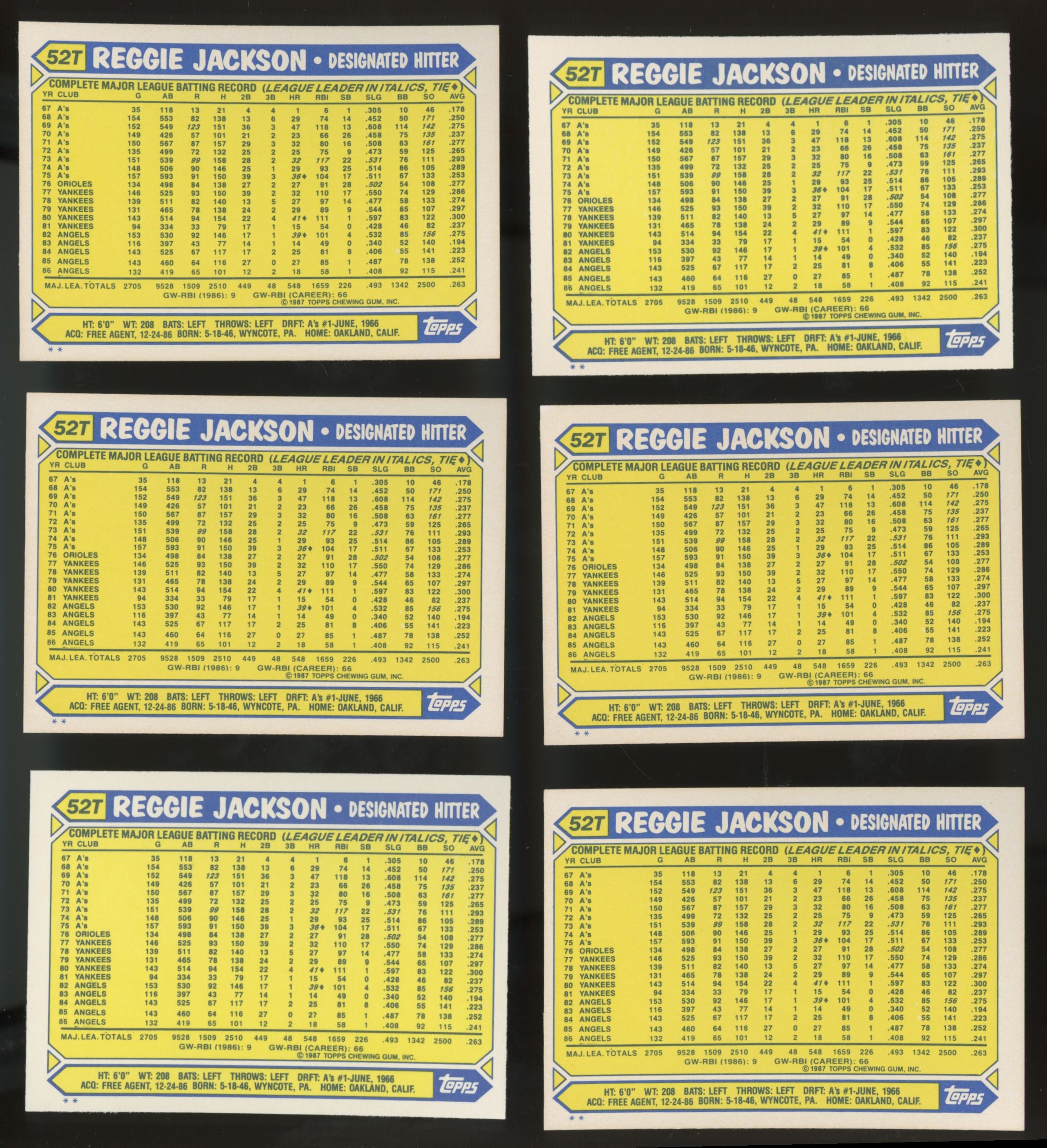 1987 Topps Traded Reggie Jackson #52T (Lot of 50)
