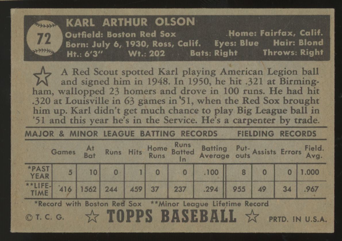 1952 Topps Karl Olson #72 VG