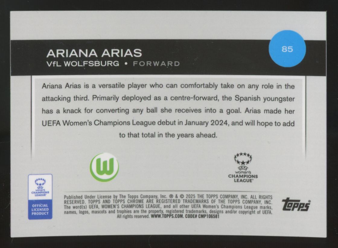 2024-25 Topps Chrome UEFA Ariana Arias RC Refractor /5 #85
