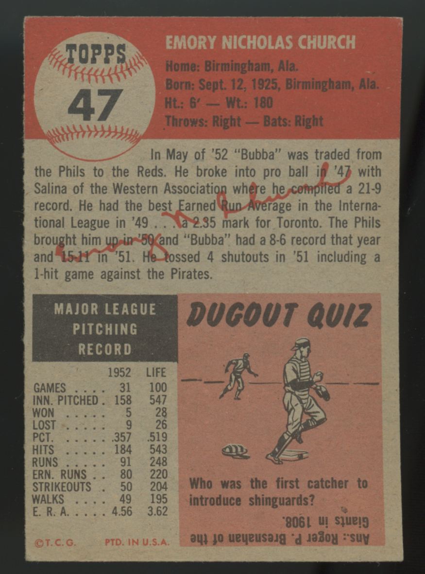 1953 Topps Bubba Church #47 EX+ "A"