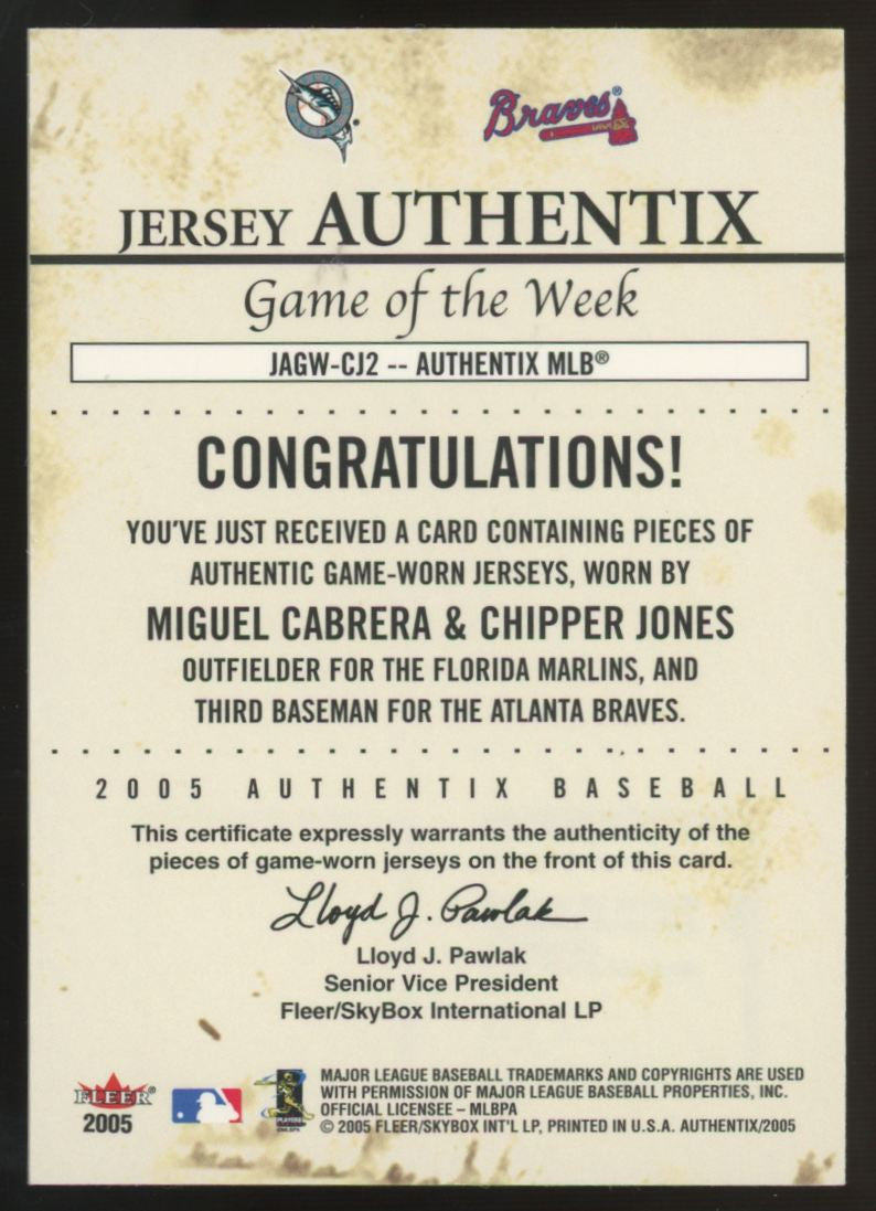 2005 Fleer Authentix Cabrera/Jones Game Of The Week Dual Patch /90 #JAGW-CJ2