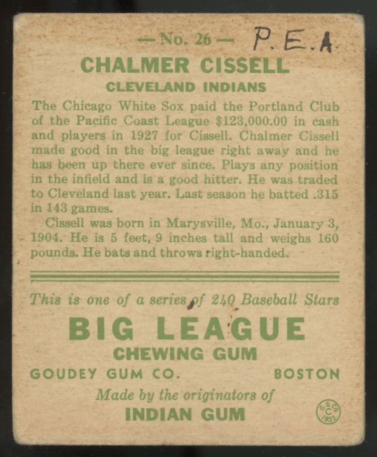 1933 Goudey Chalmer Cissell #26 VG (MK)