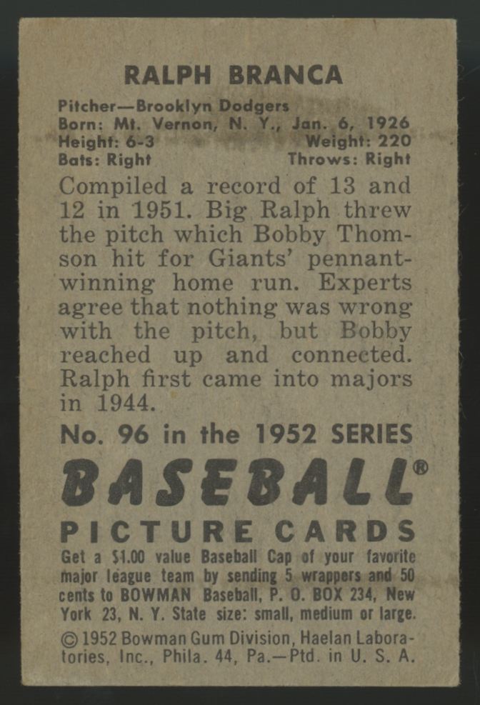 1952 Bowman Ralph Branca #96 VG/EX-EX