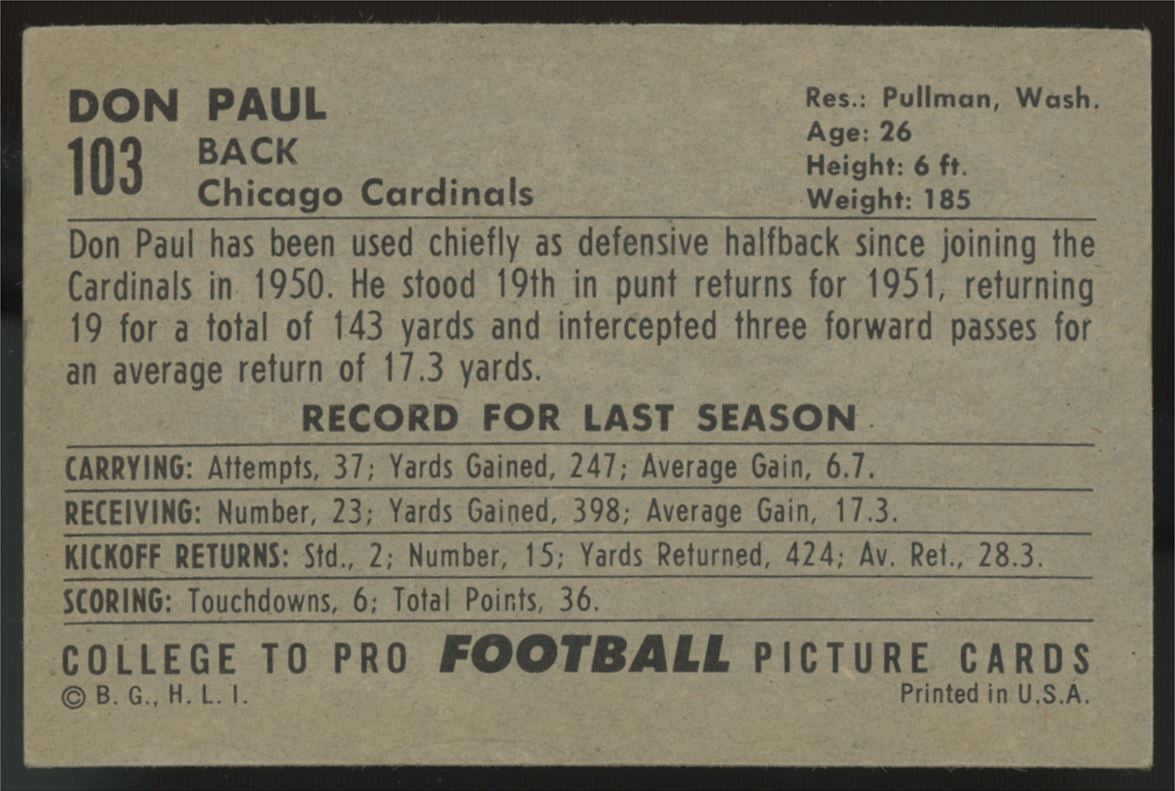 1952 Bowman Large Don Paul #103 VG/EX