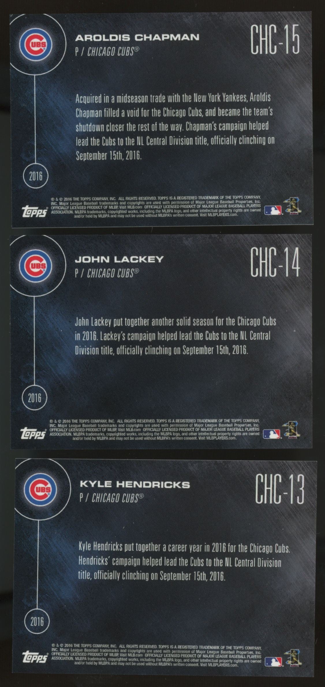 2016 Topps Now Chicago Cubs N.L. Central Champions Complete Set (15/15)