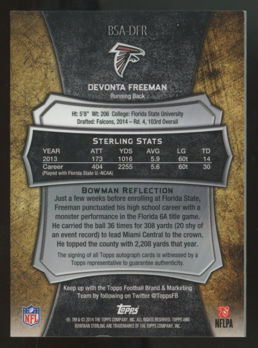 2014 Bowman Sterling Devonta Freeman RC Blue Wave Auto /15 #BSA-DFR