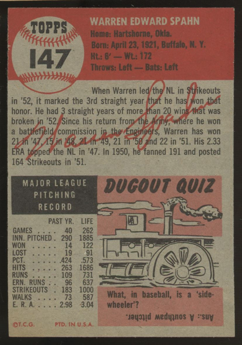 1953 Topps Warren Spahn #147 EX