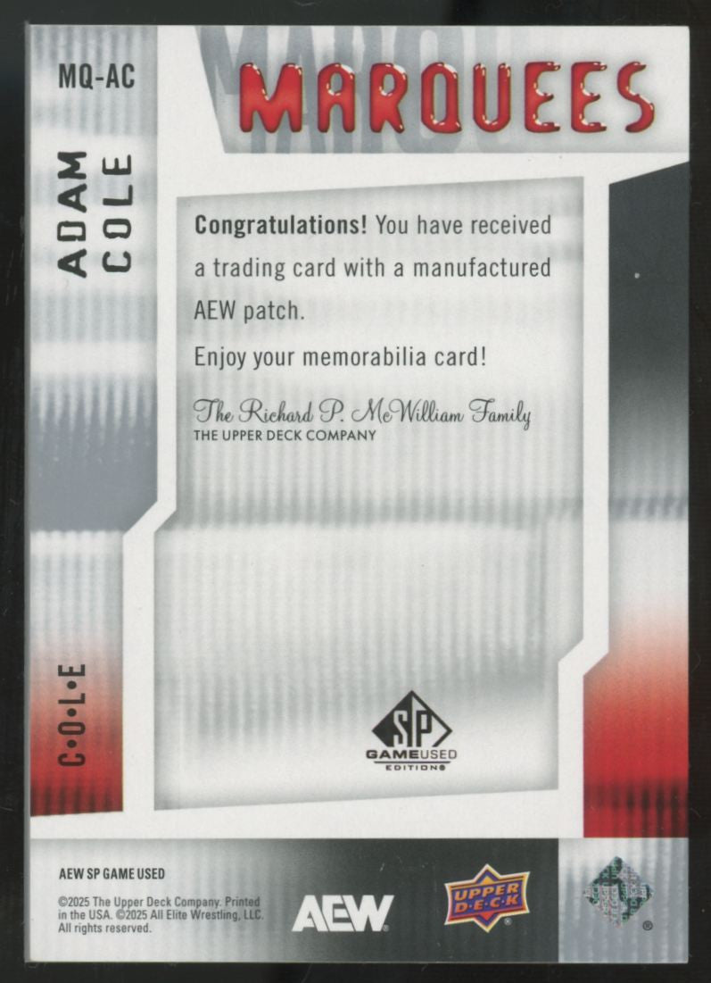 2025 Upper Deck SP Game Used AEW Adam Cole Marquees Patch /50 #MQ-AC