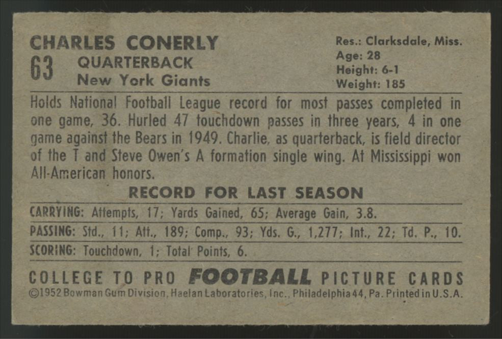 1952 Bowman Small Charley Conerly #63 EX