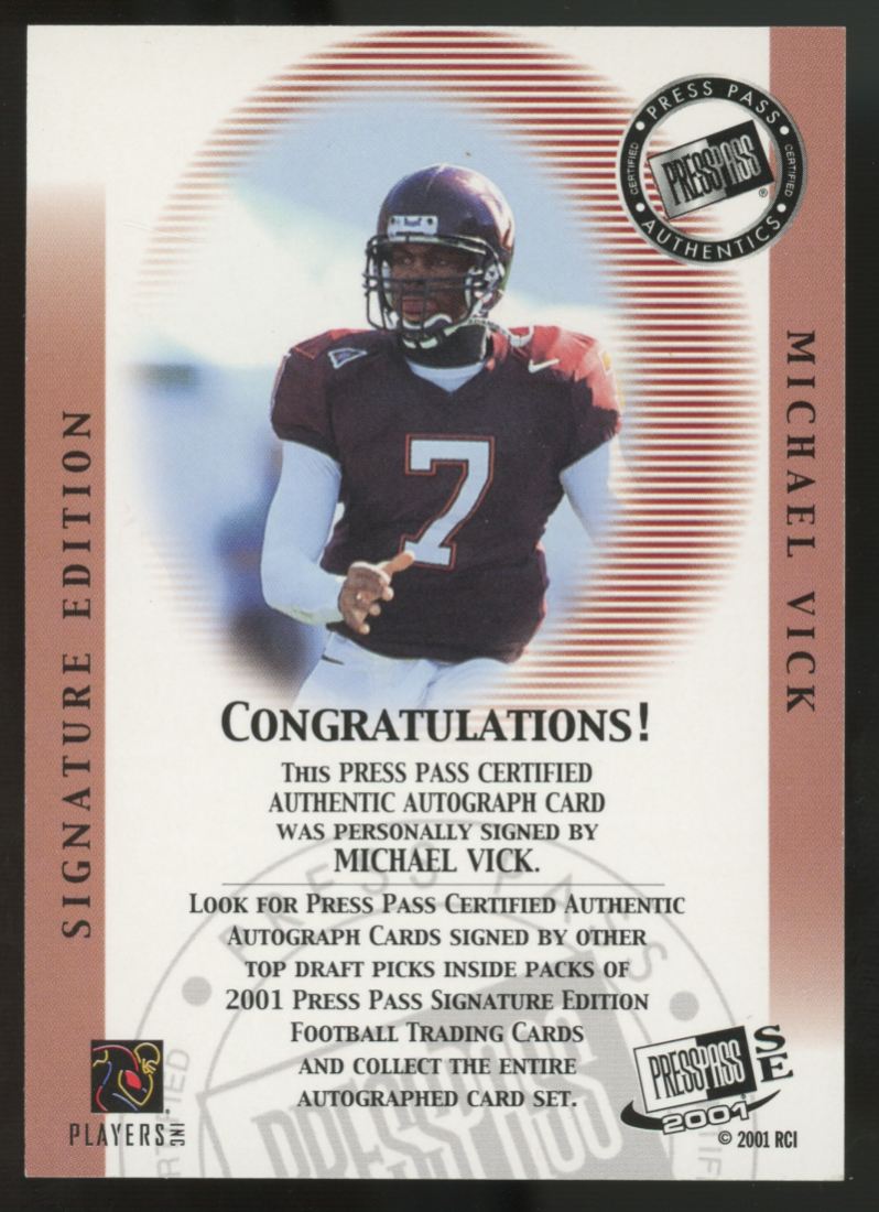 2001 Press Pass Authentics Michael Vick RC Signature Edition Auto /250