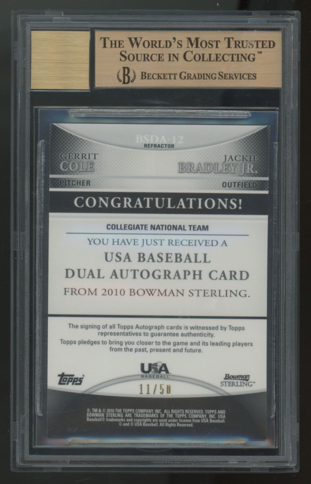 2010 Bowman Sterling Cole/Bradley Jr. Gold USA Dual Auto /50 #BSDA-12 BGS 9.5 10