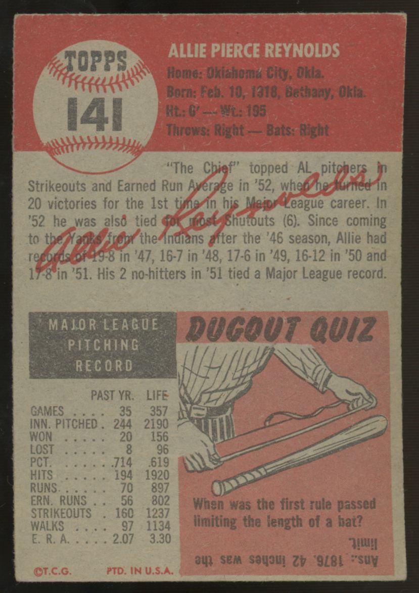 1953 Topps Allie Reynolds #141 VG/EX