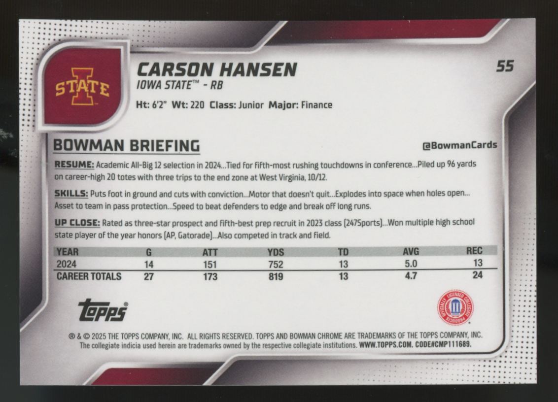 2025 Bowman Chrome University Carson Hansen 1st Orange Shimmer /25 #55