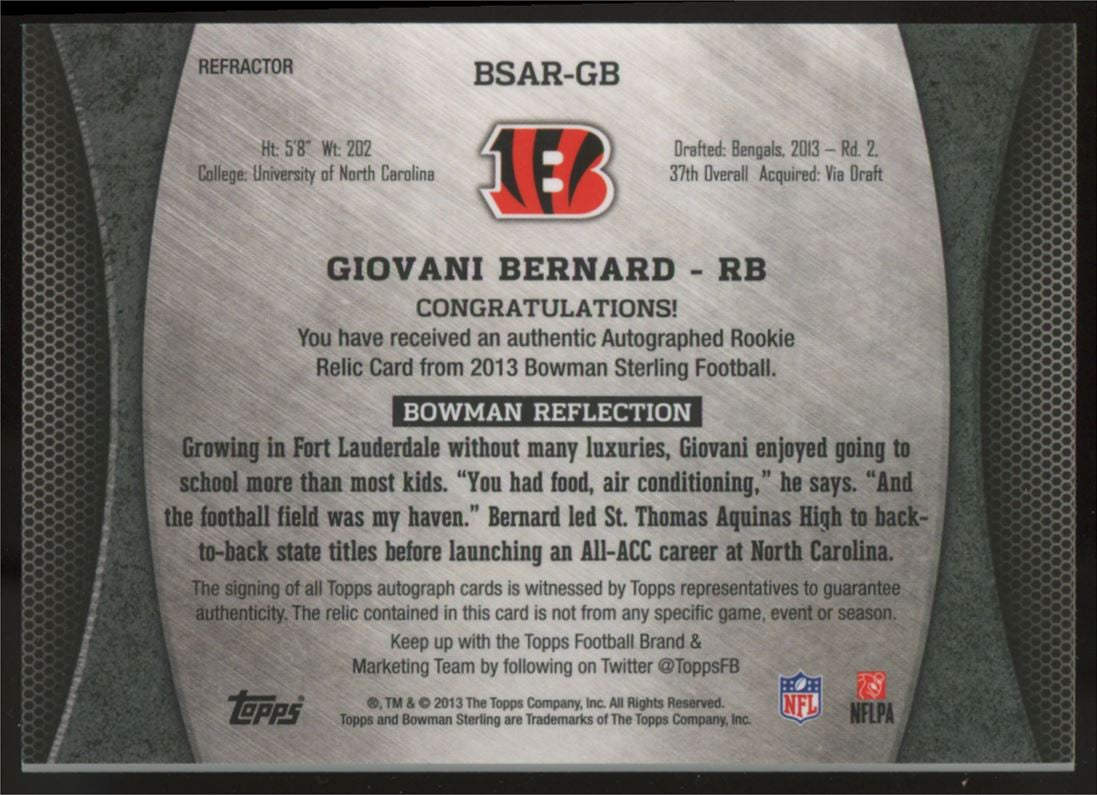 2013 Bowman Sterling Giovani Bernard RC Patch Auto RPA Gold /75 #BSAR-GB